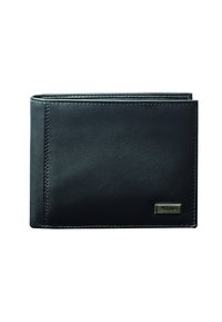 Svart läderplånbok med en bifold-design, som har en slät yta och en liten metallisk logotypackent på framsidan.