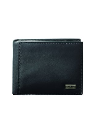 Sorte læderpung med et bi-fold design, der har en glat tekstur og et lille metallogo som accent foran.