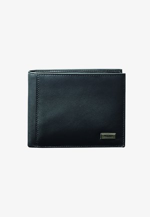 Sorte læderpung med et bi-fold design, der har en glat tekstur og et lille metallogo som accent foran.