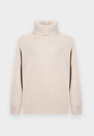 Beige garbó pulóver bordás gallérral és mandzsettával. Puha tapintású és laza fazonú. Szabványos hosszúság, minimális design.