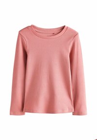 T-shirt rose à manches longues en maille côtelée avec encolure ronde, design simple, sans logos ni motifs visibles.
