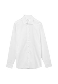 Camicia bianca a maniche lunghe con colletto a punta, realizzata in tessuto liscio con sottili strisce verticali e vestibilità standard.