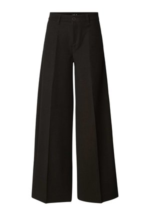 Sorte bukser med brede ben lavet af et glat stof, med knaplukning foran, bæltestropper og rene syninger langs sømmene.