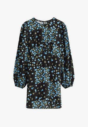 Abito nero a maniche lunghe con motivo floreale blu e giallo, scollo rotondo, vita arricciata e polsini elasticizzati.