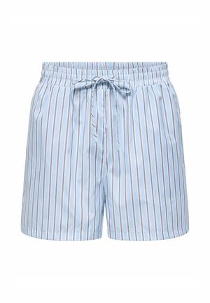 Jasnoniebieskie szorty z pionowymi białymi i szarymi paskami, z elastycznym paskiem w talii i sznurkiem do wiązania z przodu.