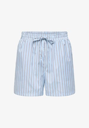 Lichtblauwe shorts met verticale witte en grijze strepen, elastische tailleband en een strikkoord aan de voorkant.