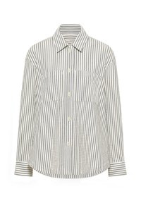 Striped shirt featuring a button-down design, made of lightweight fabric in cream with navy vertical stripes, two front pockets, and a collar.