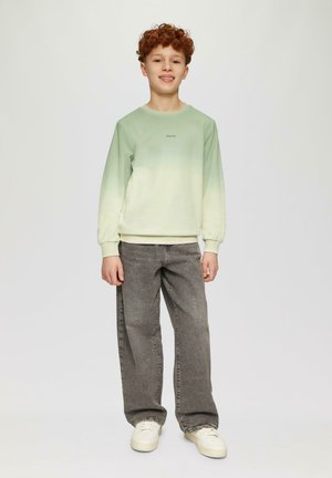 Hellgrünes Sweatshirt mit Farbverlauf, gerippten Bündchen und kleinem Logo. Kombiniert mit grauen weiten Jeans und weißen Sneakern.