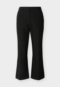 Μαύρο γυναικείο παντελόνι ραμμένο στα μέτρα με μεσαία μέση, πιέτα μπροστά, θηλιές για ζώνη και φαρδιά ευθεία πόδια, σε απλό φόντο.