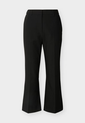 Mustat räätälöidyt naisten housut, joissa on keskikorkea vyötärö, edessä taitos, vyölenkit ja leveät suorat lahkeet, yksinkertaisella taustalla.