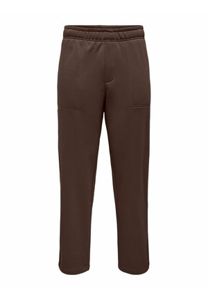 Pantalon marron foncé à taille élastique, jambes droites, avec poches plaquées à l'avant, présenté sur fond blanc.