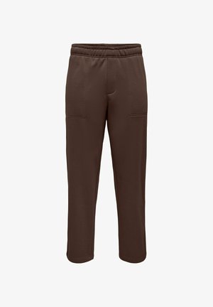Pantalon marron foncé à taille élastique, jambes droites, avec poches plaquées à l'avant, présenté sur fond blanc.