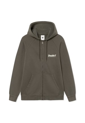 Sweat à capuche zippé vert foncé avec poches avant, capuche avec cordon de serrage, et texte blanc "Double A" sur la poitrine à gauche.