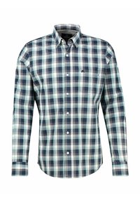 Langærmet ternet skjorte i marineblå, grøn og hvid. Har knappet krave og forlomme. Bomuldsmateriale med glat tekstur.