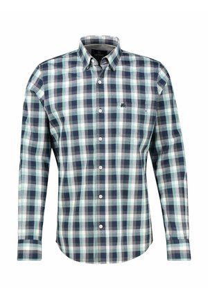 Langärmeliges, kariertes Hemd in Marineblau, Grün und Weiß. Verfügt über einen Button-Down-Kragen und eine Brusttasche. Baumwollmaterial mit glatter Textur.