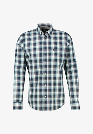 Koszula w kratę z długim rękawem w kolorach granatowym, zielonym i białym. Posiada kołnierzyk na guziki oraz przednią kieszeń. Wykonana z bawełny o gładkiej fakturze.
