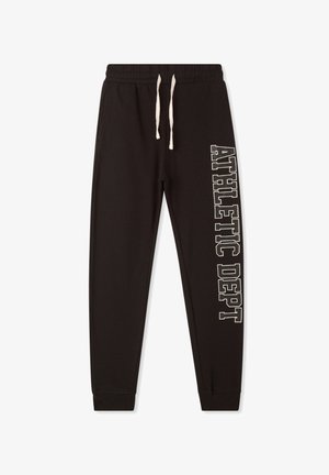 Pantaloni sportivi neri con vita elasticizzata e cordino. "ATHLETIC DEPT" stampato in lettere bianche e in grassetto lungo il lato sinistro.