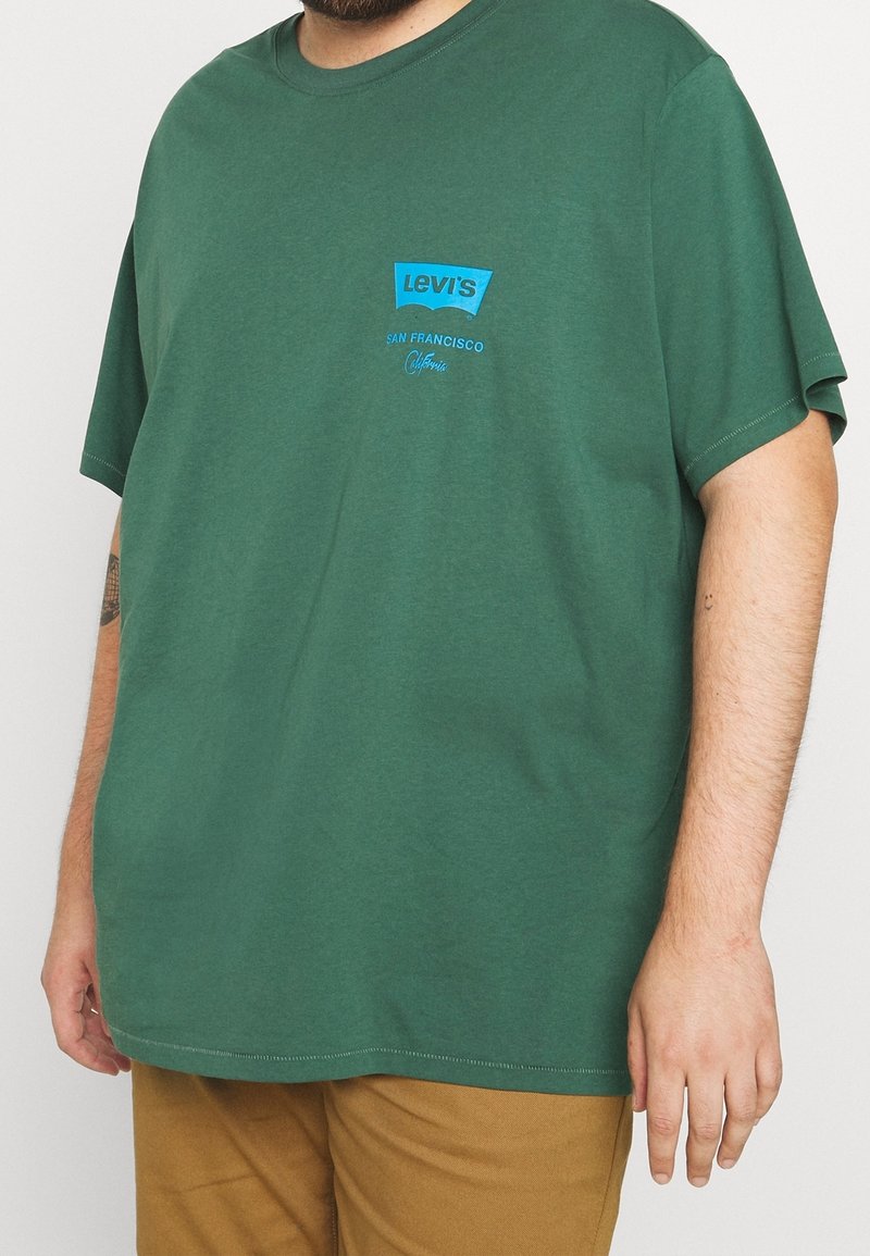 Zielony bawełniany t-shirt z krótkimi rękawami, z niebieskim logo Levi's i napisem na piersi. Prosty krój, luźne dopasowanie.