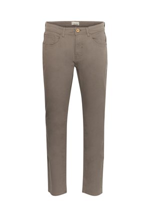 Gray cotton blend pants with a slim fit, five pockets, and a front button closure. Smooth texture and straight leg design.