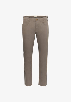 Gray cotton blend pants with a slim fit, five pockets, and a front button closure. Smooth texture and straight leg design.