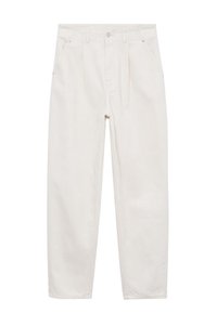 Pantalon blanc taille haute à jambes droites, avec plis devant, poches latérales, passants pour ceinture et fermeture par bouton et zip.