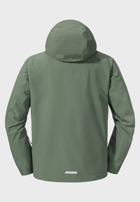 Giacca impermeabile in verde tenue con cappuccio, texture liscia e dettaglio riflettente sul retro. Presenta maniche lunghe e una vestibilità rilassata.