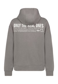 Gray hoodie featuring a kangaroo pocket, ribbed cuffs, and a hood. Back displays large white text with various phrases and accents.