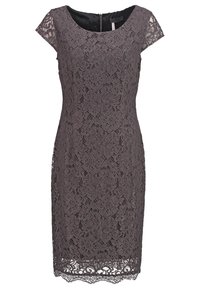 Robe mi-longue en dentelle gris foncé à manches courtes avec motif floral et encolure ronde, dotée d'une fermeture éclair au dos.