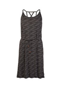 Černobílé pruhované šaty s volným střihem, nastavitelnými ramínky a stahovacími šňůrkami v pase. Materiál je lehký a jemný.