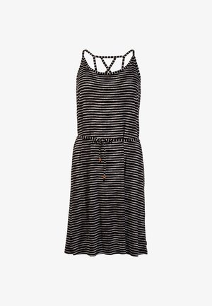 Gestreiftes Schwarz-Weiß-Kleid mit lockerer Passform, verstellbaren Trägern und Kordelzug in der Taille. Der Stoff ist leicht und weich.