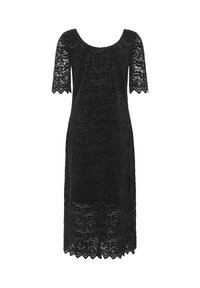 Musta pitsimekko lyhyillä hihoilla, pyöreällä kaula-aukolla ja aaltoilevalla helmalla. Sisältää yksityiskohtaisia kukkakuvioita ja vartalonmyötäisen siluetin.