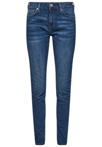 Jeans ajustados de color azul oscuro, elaborados en denim, que cuentan con cinco bolsillos, pasadores para cinturón y un cierre en la parte frontal. Textura suave con detalles de desvanecimiento mínimos.
