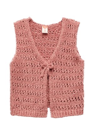 Gilet rosa lavorato a maglia con scollatura a V, apertura frontale e chiusura a fiocco. Presenta un motivo testurizzato a rete e design senza maniche.