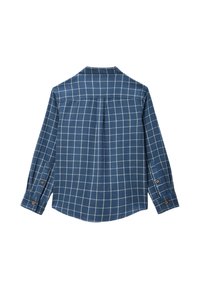 Chemise en flanelle bleue avec un motif à carreaux blancs, manches à bouton et empiècement au dos. Texture douce avec des manches longues et un col classique.