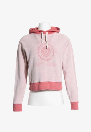 Hellrosa kurzer Hoodie mit dunkler pinker Kapuze, Bündchen und Saum, mit einem runden Grafikdesign auf der Brust und weißen Kordeln.