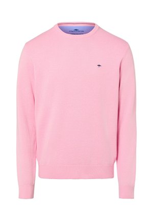 Light pink sweater made from soft cotton. Features a round neckline, ribbed cuffs, and a small dark logo on the left chest.