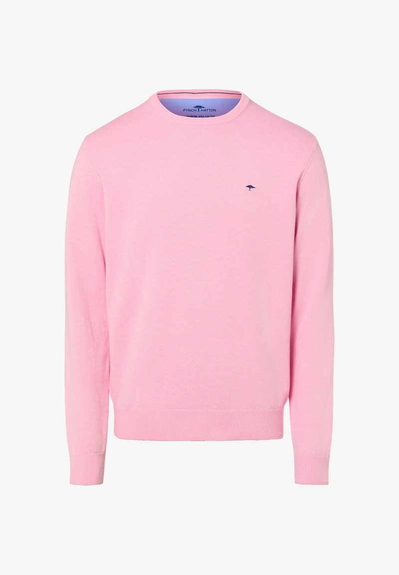 Jasnoróżowy sweter wykonany z miękkiej bawełny. Posiada okrągły dekolt, ściągacze przy mankietach oraz małe ciemne logo na lewej piersi.