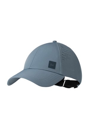 Light blue baseball cap with curved brim, side ventilation holes, adjustable black strap, and small square logo patch on front panel.