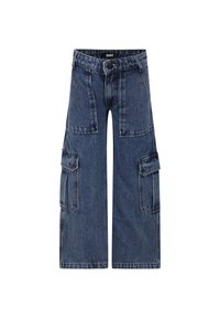 Mörkblå vida denim cargobyxor med fram- och sidofickor samt knäppning i midjan, DKNY-märke inuti.