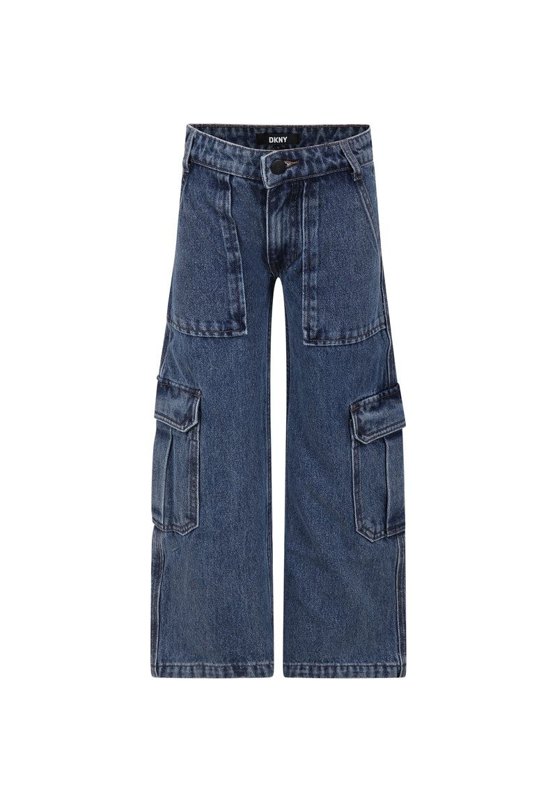 Mörkblå vida denim cargobyxor med fram- och sidofickor samt knäppning i midjan, DKNY-märke inuti.