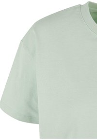 Tricou din bumbac de culoare verde deschis, cu guler rotund și mâneci scurte, având o textură fină și o tivă îngrijită.