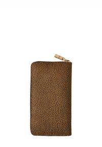 Brown textured rectangular wallet with a gold zipper pull on a white background.