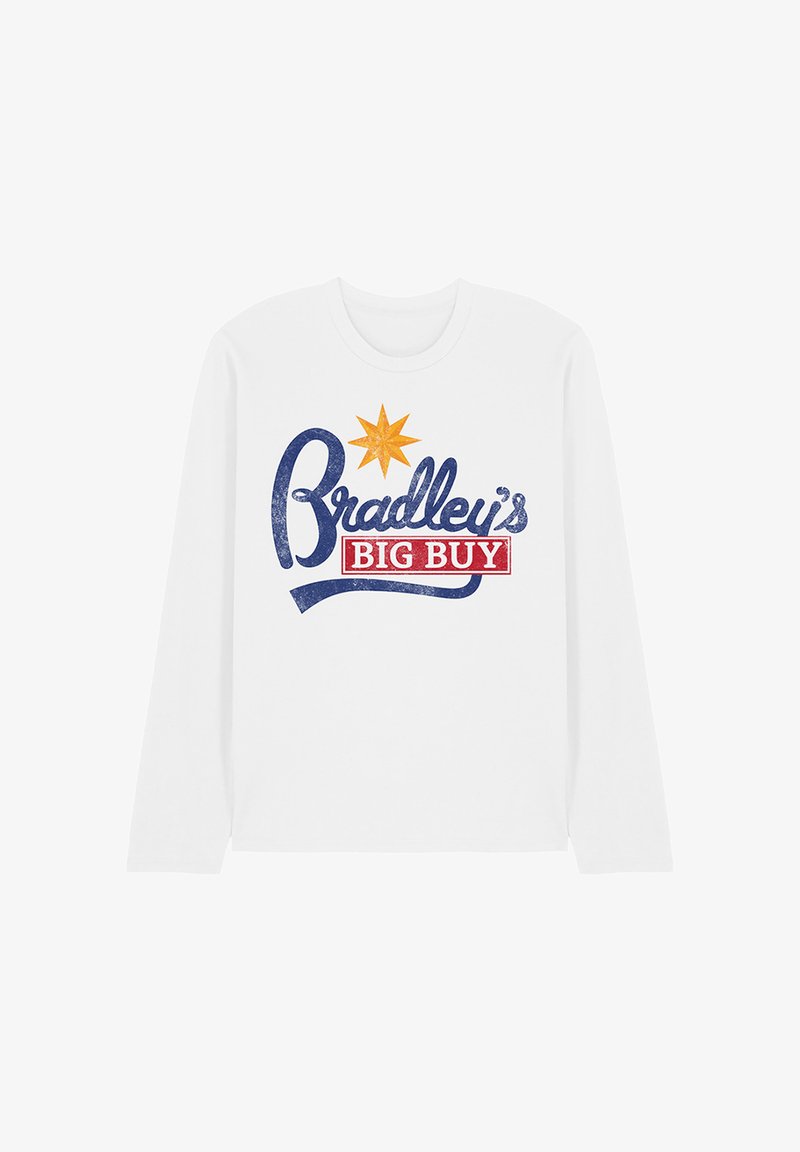 Weißes Langarm-T-Shirt mit einem bunten Grafikdesign: blauer Schreibschrift "Bradley's", roter Blockschrift "BIG BUY" und einem orangen Stern darüber.