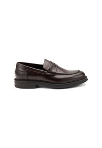 Mocassini in pelle marrone con una texture liscia, caratterizzati da un design cucito sulla punta e una suola in gomma bassa per il massimo comfort.