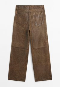 Brown leather wide-leg pants with two back pockets and visible stitching, shown from the back on a white background.