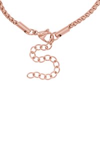 Collana in oro rosa con un design intrecciato, dotata di una chiusura principale a forma di S e anelli allungati per la lunghezza regolabile.