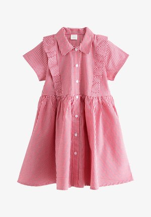 Rdeča in bela kratka obleka s kratkimi rokavi iz karo blaga z ovratnikom, sprednjimi gumbi, nabranimi detajli in nabranim pasom za deklice.