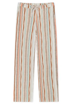 Pruhované kalhoty s elastickým pasem, zdobené multicolor svislými pruhy v béžové, hnědé, zelené a oranžové barvě. Vyrobené z lehkého materiálu.