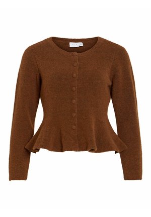 Rudas, tekstūruotas kardiganas su apvalia iškirpte, ilgomis rankovėmis ir platėjančia apačia. Priekyje sagstomas sagomis, aptrauktomis audiniu.