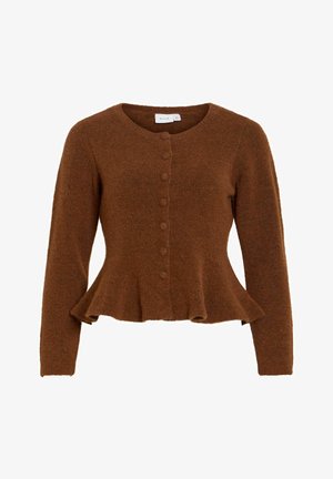 Hnědý texturovaný kardigan s kulatým výstřihem, dlouhými rukávy a rozšířeným lemem. Má zapínání na knoflíky vpředu s knoflíky potaženými látkou.